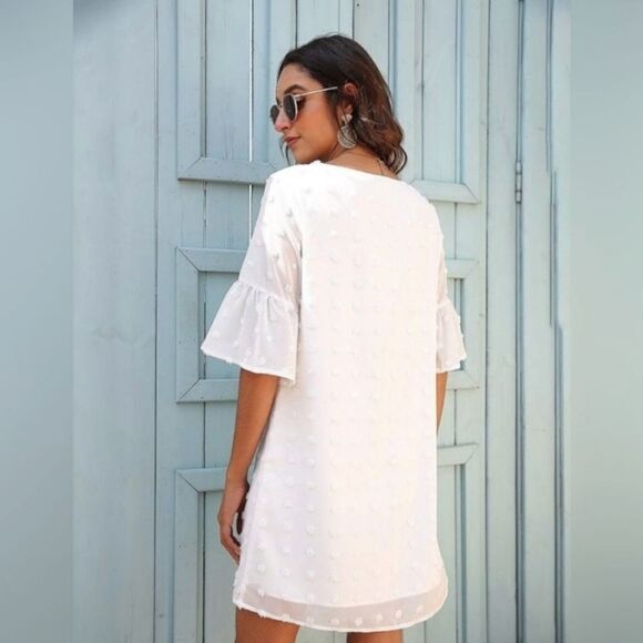 BELONGSCI Women's ultra white Plus size sheer clip dot Bell sleeve midi dress - Picture 6 of 10